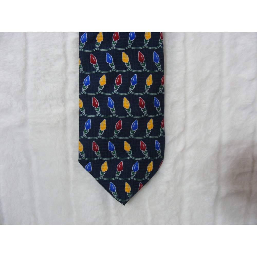 FN Silk Christmas Light Bulb Tie Mens OS Navy Blue Excellent Holiday Festive